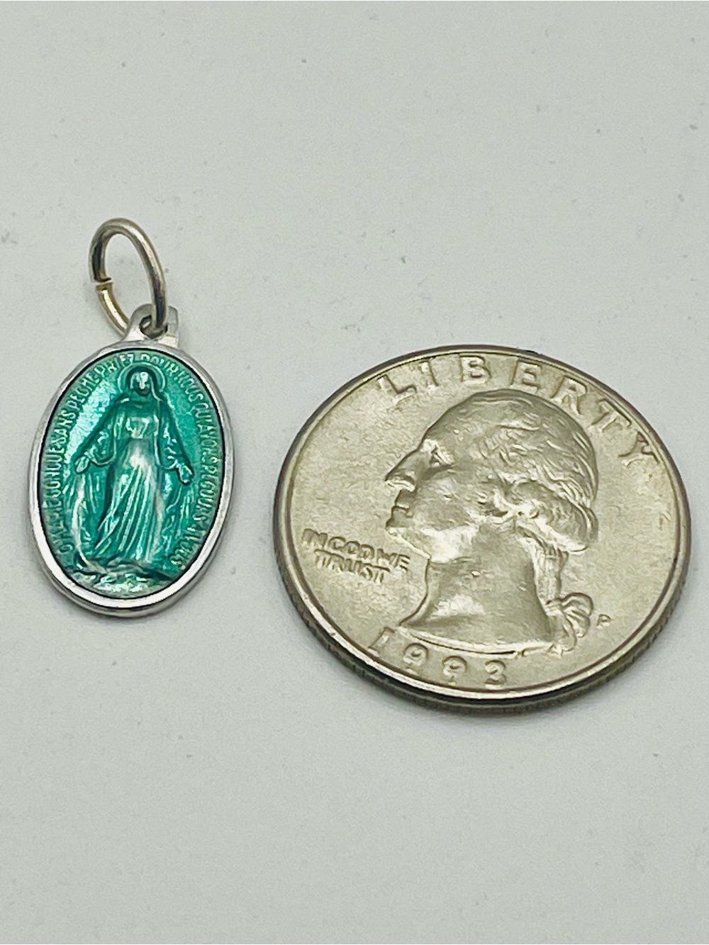 Green Enamel Miraculous Medal Pendant -Sterling Silver - Picture 3 of 3